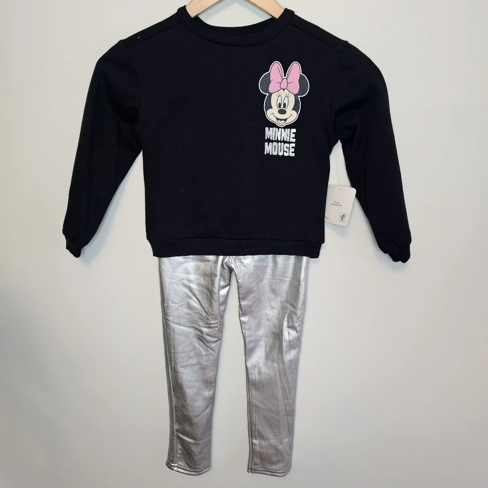 NWT Disney Minnie Mouse Outfit Set Black Sweatshirt Silver Metallic Leggings 5